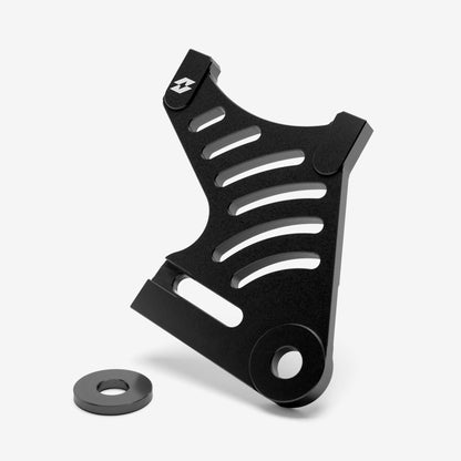 Full-E Charged rear brake caliper bracket in black for Sur-Ron Light Bee and Talaria, shown with the 4mm spacer