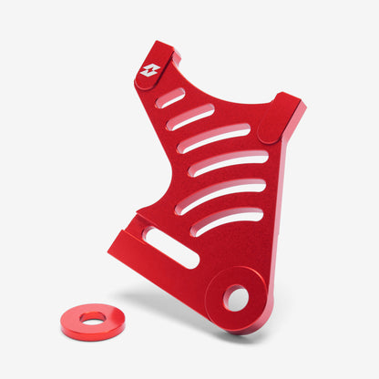 Full-E Charged rear brake caliper bracket in red for Sur-Ron Light Bee and Talaria, shown with the 4mm spacer
