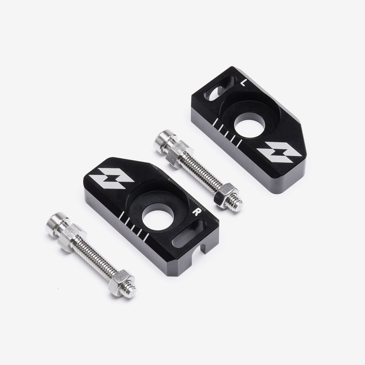 Full-E Charged chain adjusters in black for Sur-Ron Light Bee and Talaria, shown with the adjustment screws