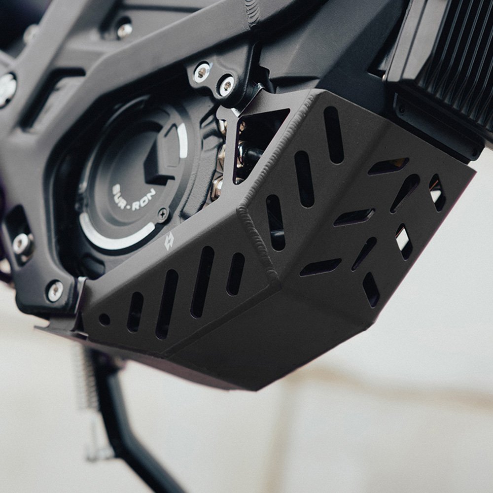 Black engine guard bashplate fitted to a Sur-Ron Light Bee