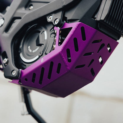 Purple engine guard bashplate fitted to a Sur-Ron Light Bee