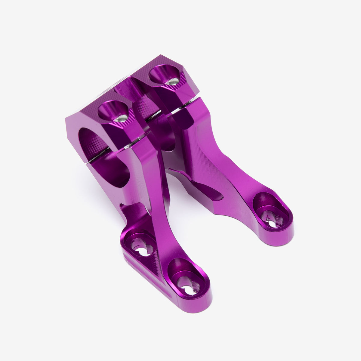 Purple 31.8mm handlebar risers, alternate angle showing clamp bolts