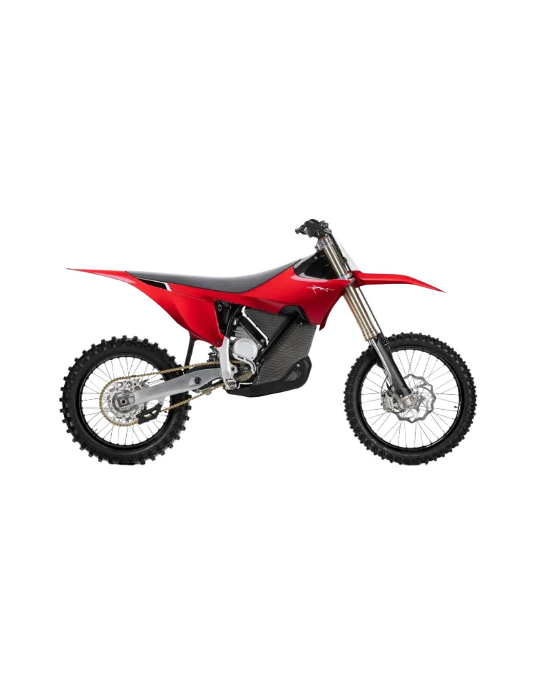 A red and black dirt bike with knobby tires, a silver front fork, and a visible engine, shown in a side profile on a plain white background.