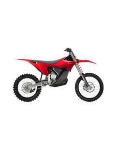 A red and black dirt bike with knobby tires, a silver front fork, and a visible engine, shown in a side profile on a plain white background.