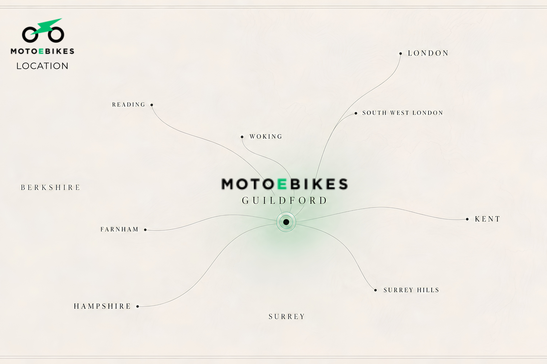 MotoEbikes Guildford location map showing Surrey, London, Kent, Hampshire and Berkshire