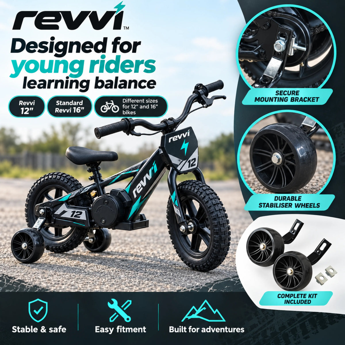 Revvi Stabilisers / Balance Wheel Kit | 12 & 16 Electric Bikes