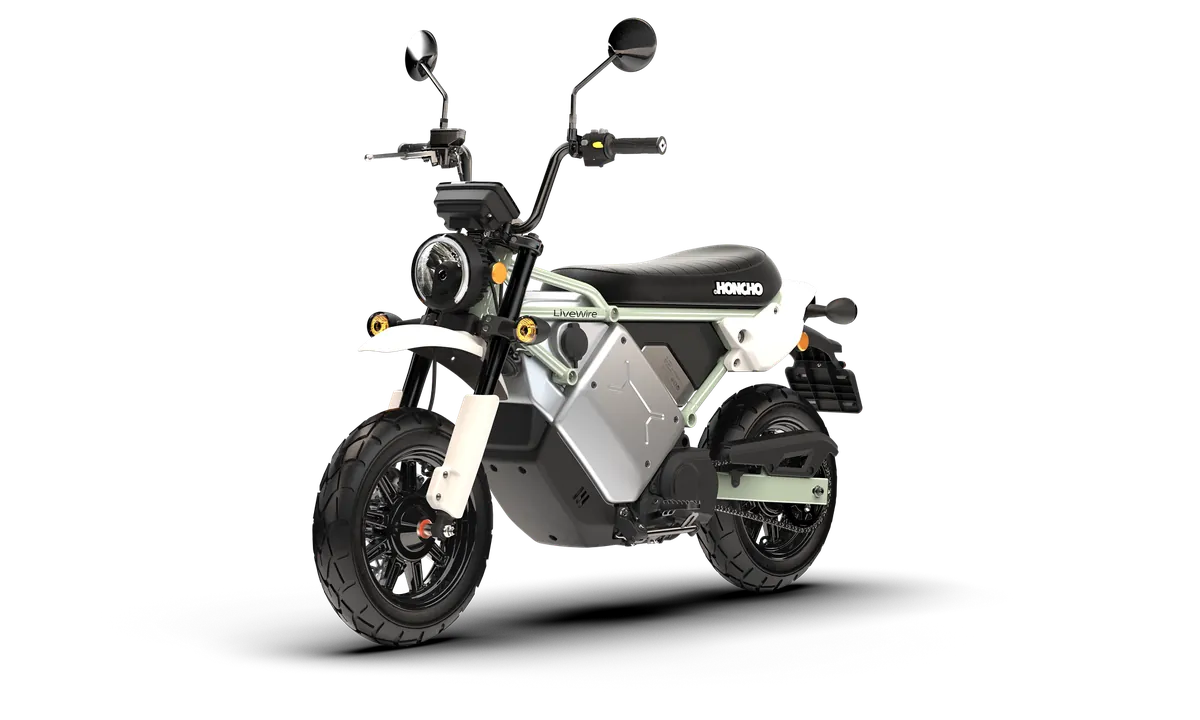 LiveWire S4 Honcho Street in Green, front three-quarter view showing the round headlight and indicators
