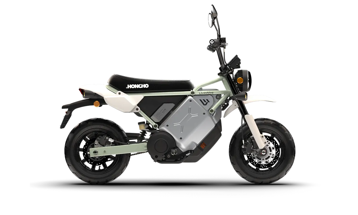 LiveWire S4 Honcho Street in Green, side profile showing the road tyres, mirrors and headlight