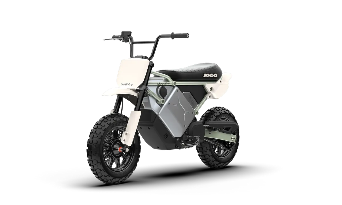 LiveWire S4 Honcho Trail in Moss Oat, front three-quarter view showing the forks and knobbly front tyre