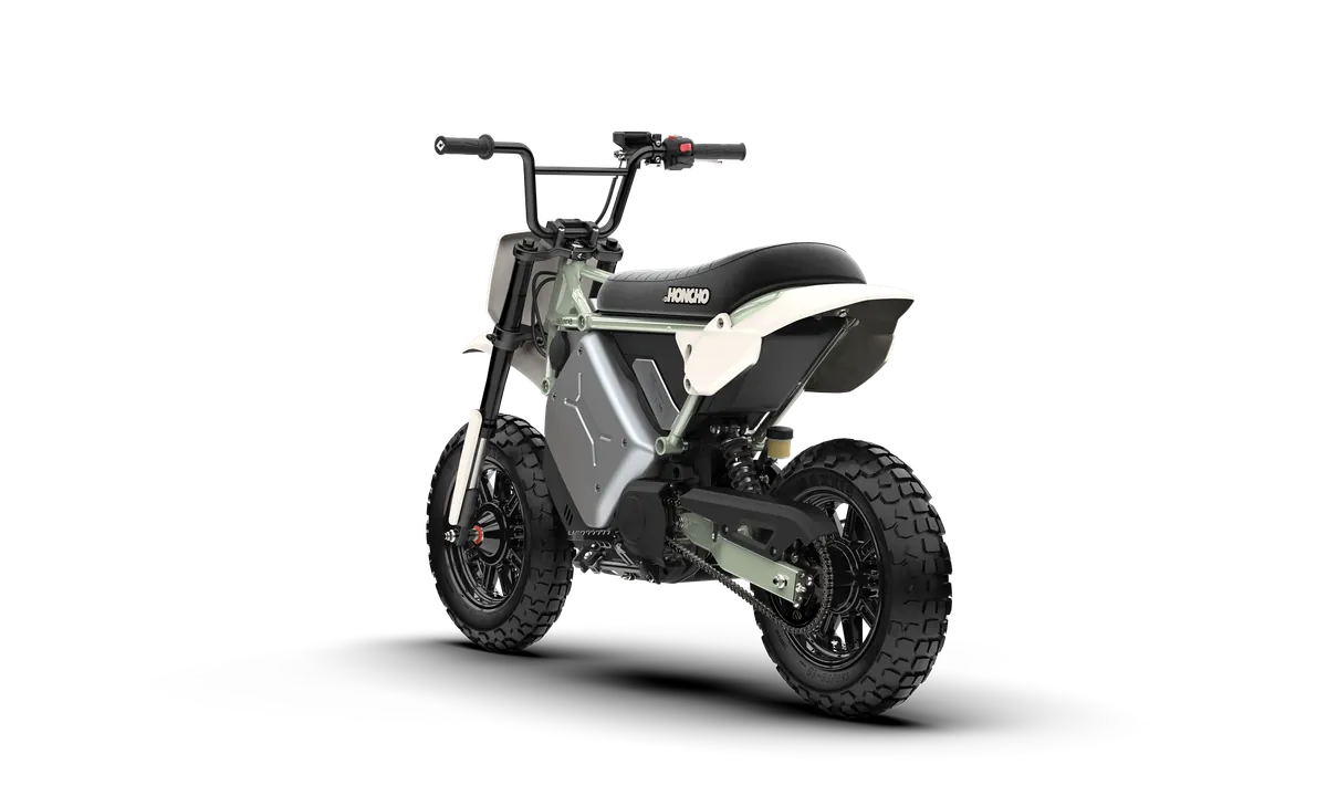 LiveWire S4 Honcho Trail in Moss Oat, rear three-quarter view showing the seat, swingarm and rear tyre