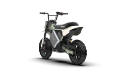 LiveWire S4 Honcho Trail in Moss Oat, rear three-quarter view showing the seat, swingarm and rear tyre