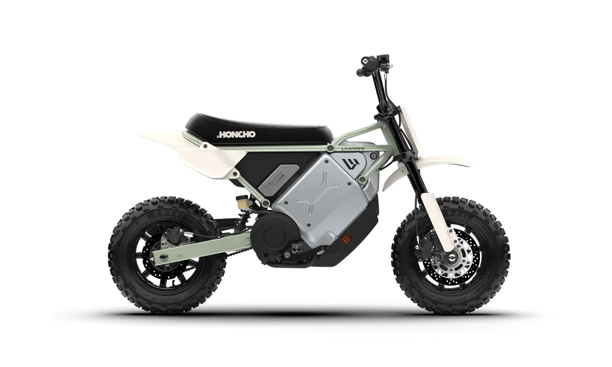 LiveWire S4 Honcho Trail in Moss Oat, side profile showing the compact frame and off-road tyres